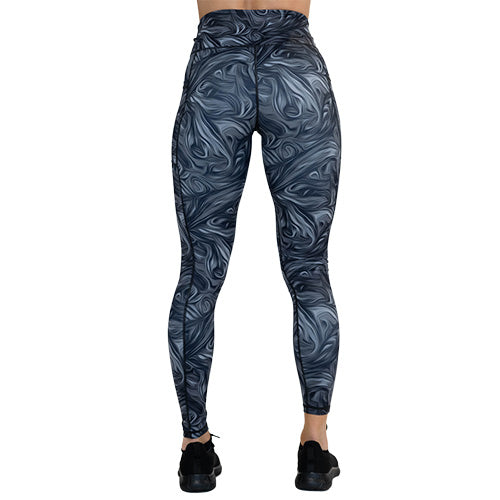 back view of full length grey and black smoke patterned leggings