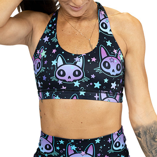 front view of cosmic kitty print sports bra