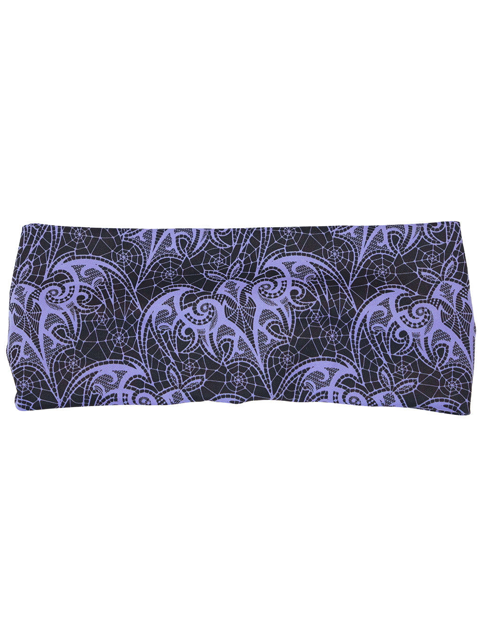 front of the purple bat lace headband against a white background