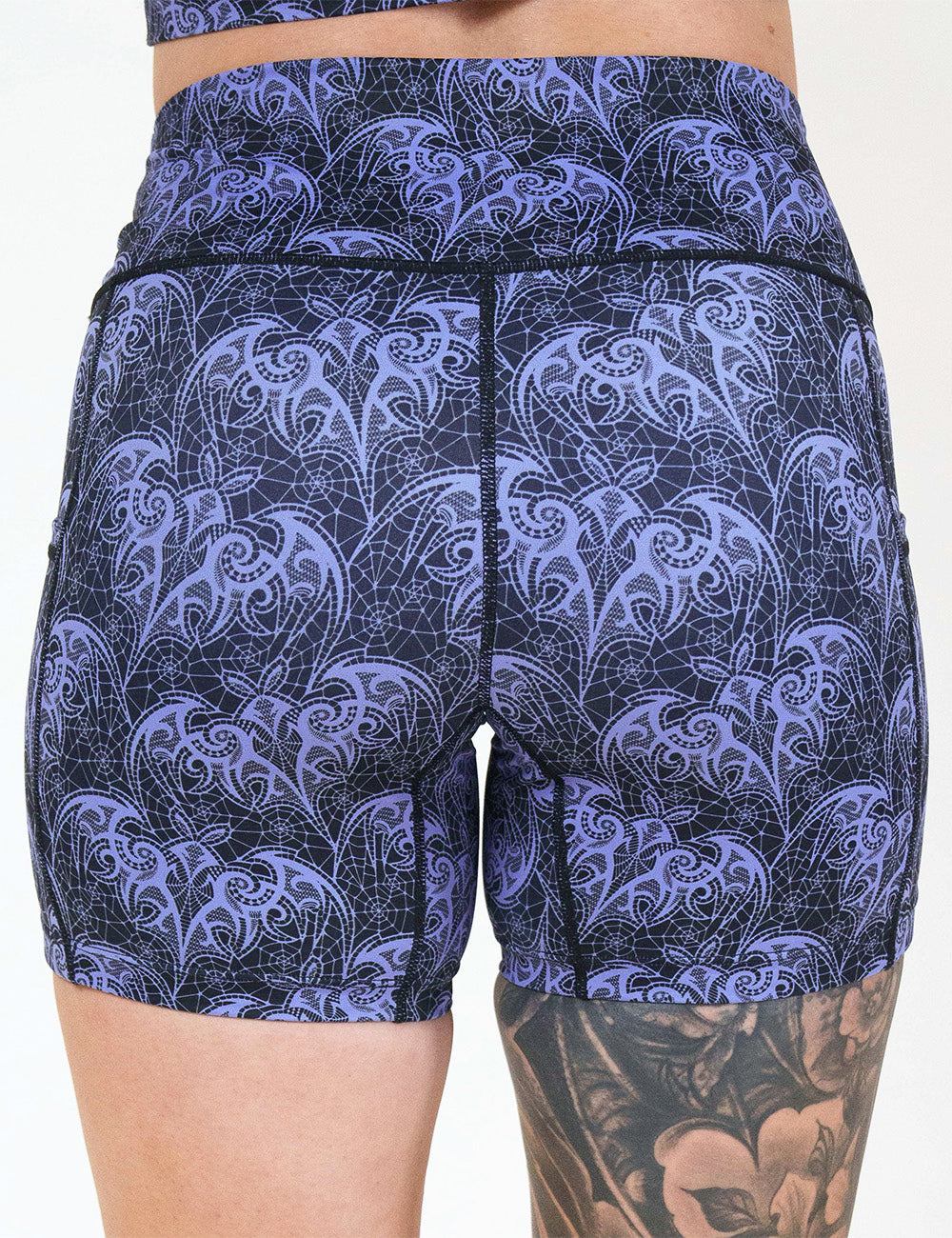 back of the inch purple bat lace shorts against a white background