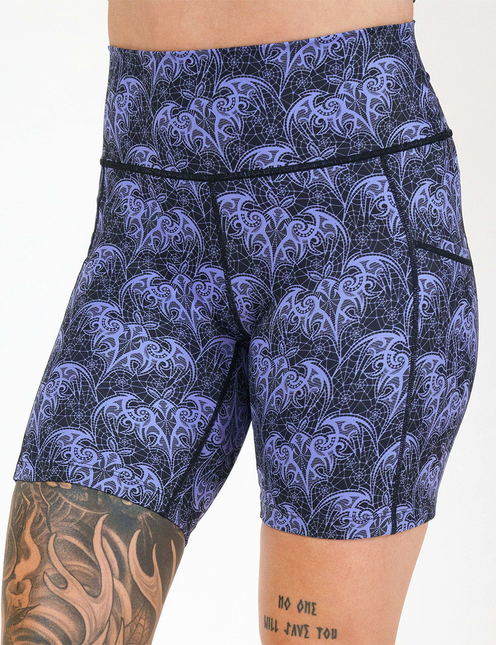 front of the 7 inch purple bat lace shorts against a white background