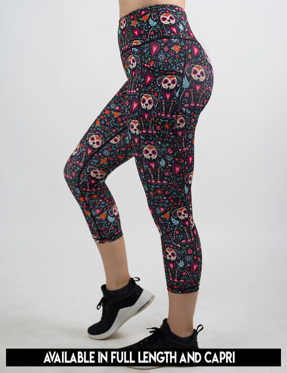 available lengths for the skeleton dogs surrounded by flowers leggings, lengths include full length and capri