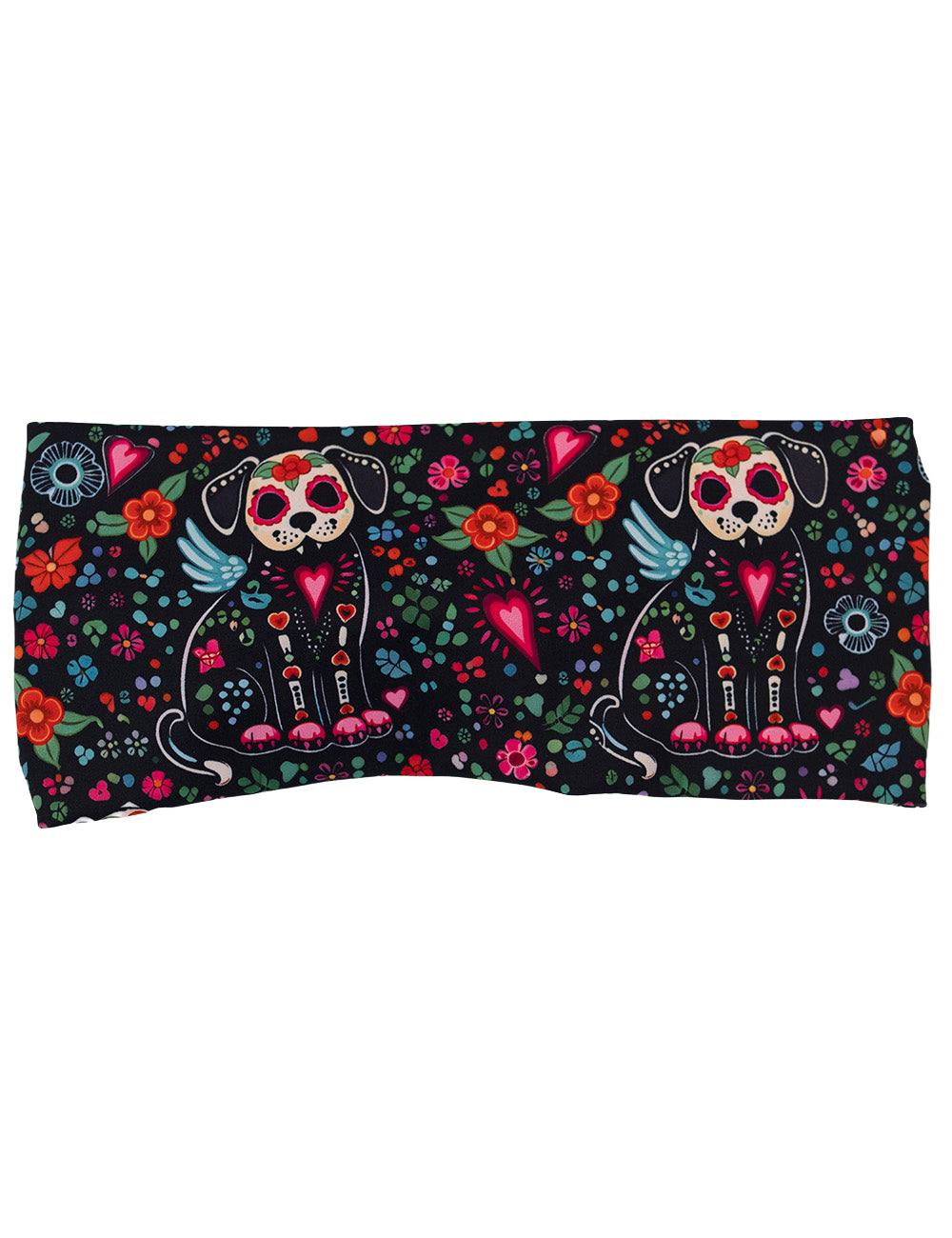front of the skeleton dogs surrounded by flowers headband against a white background