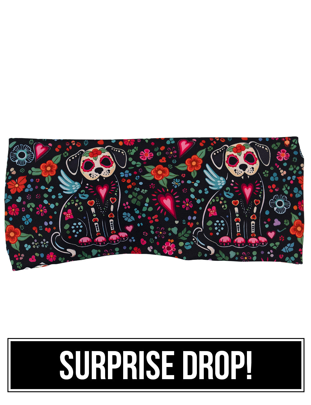 front of the skeleton dogs surrounded by flowers headband, surprise drop