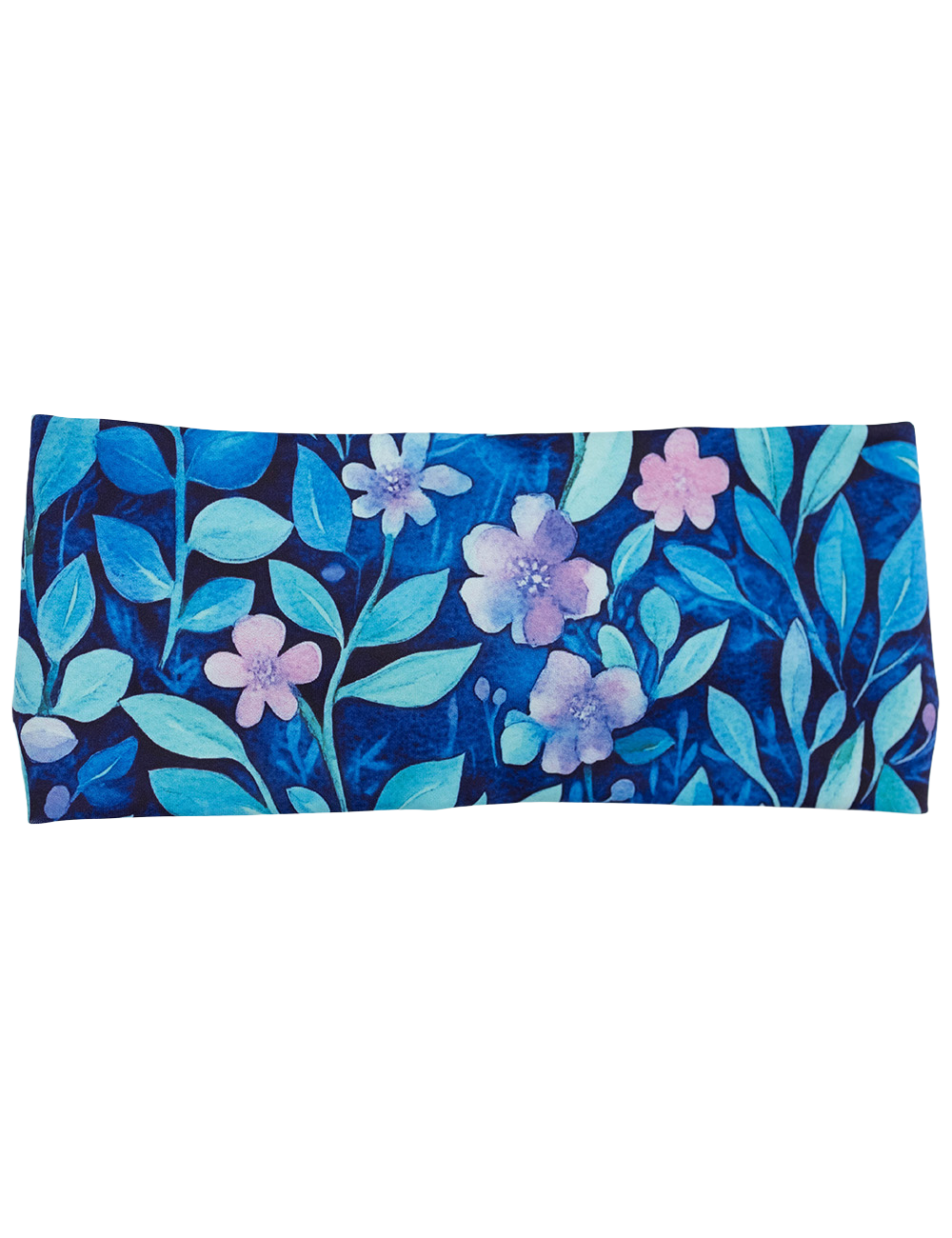 front of the blue flowers and vines headband against a white background