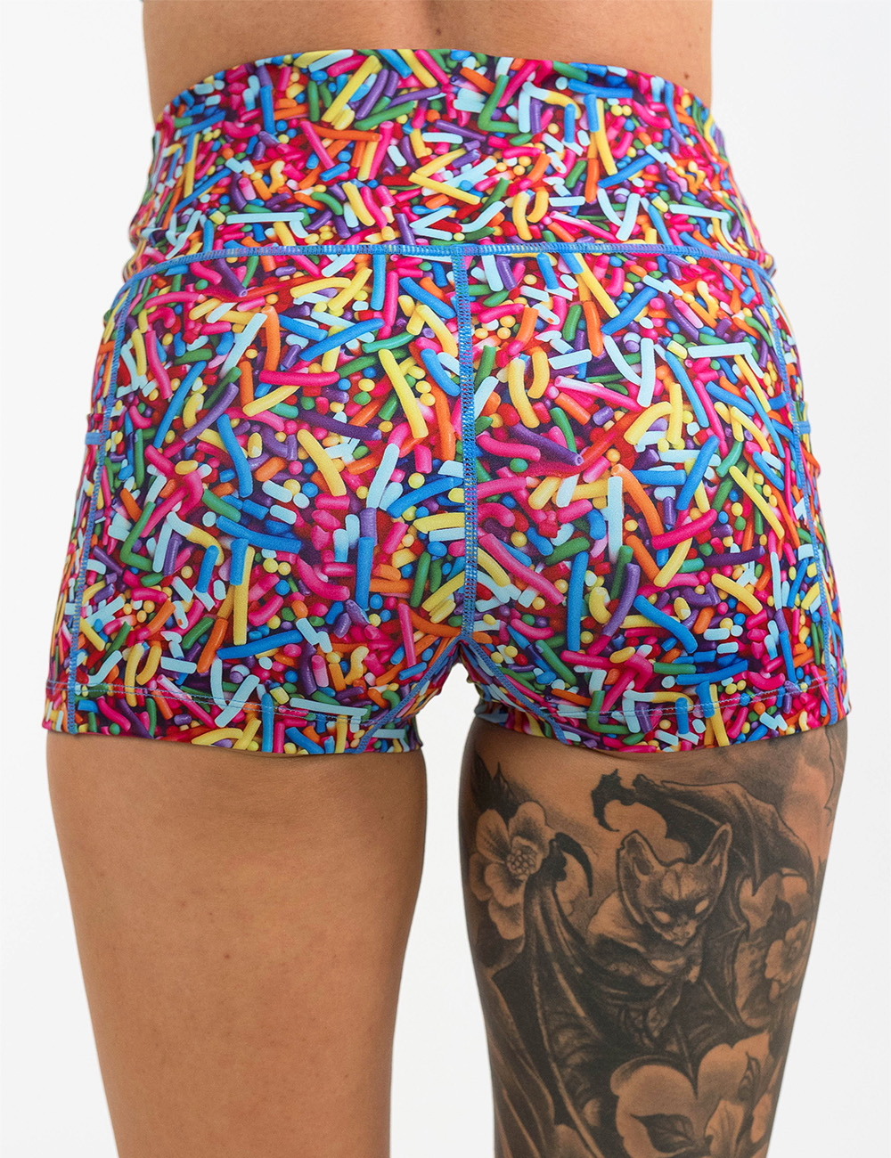 back of the 2.5 inch rainbow sprinkles shorts against a white background