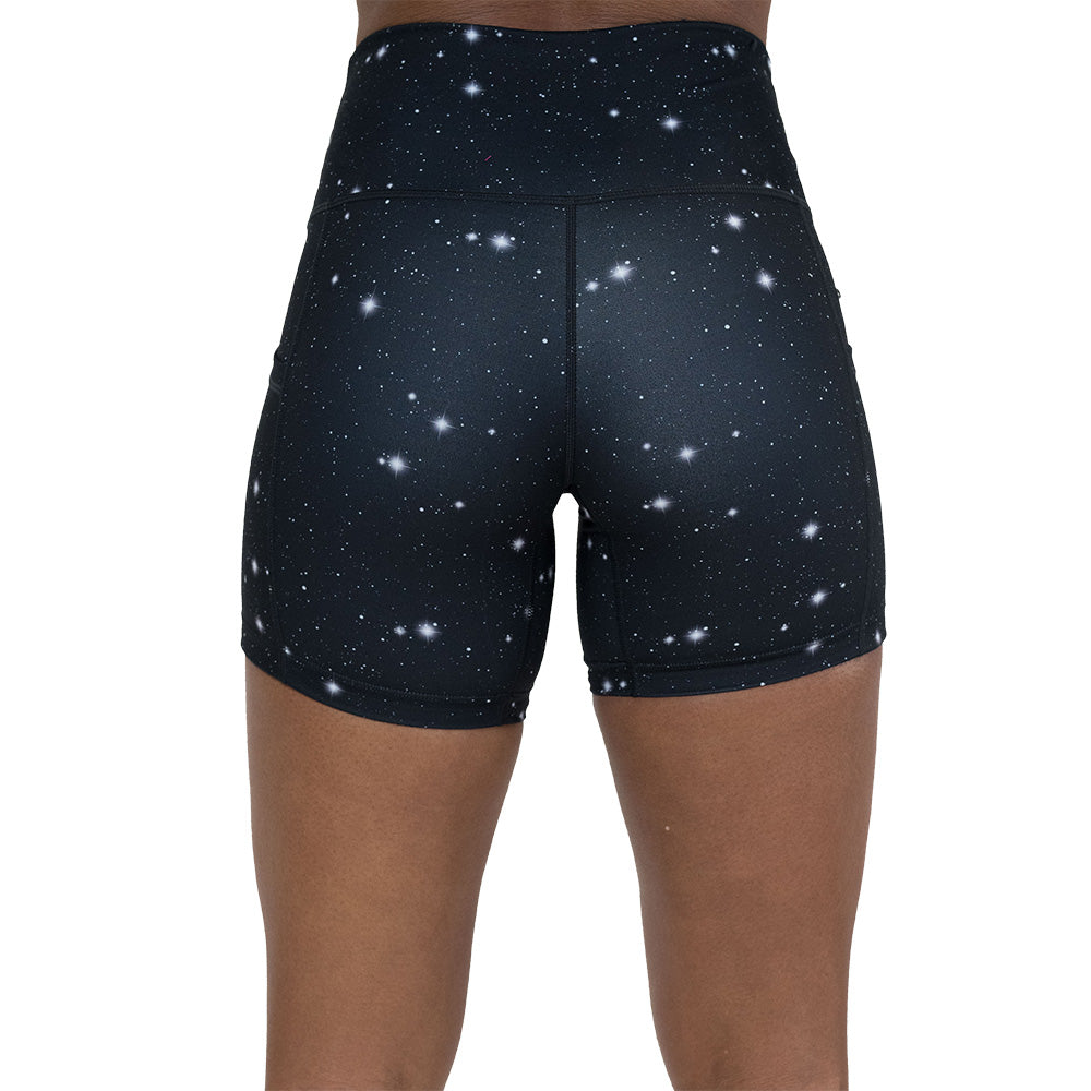 back of the black shorts with a white star pattern on it