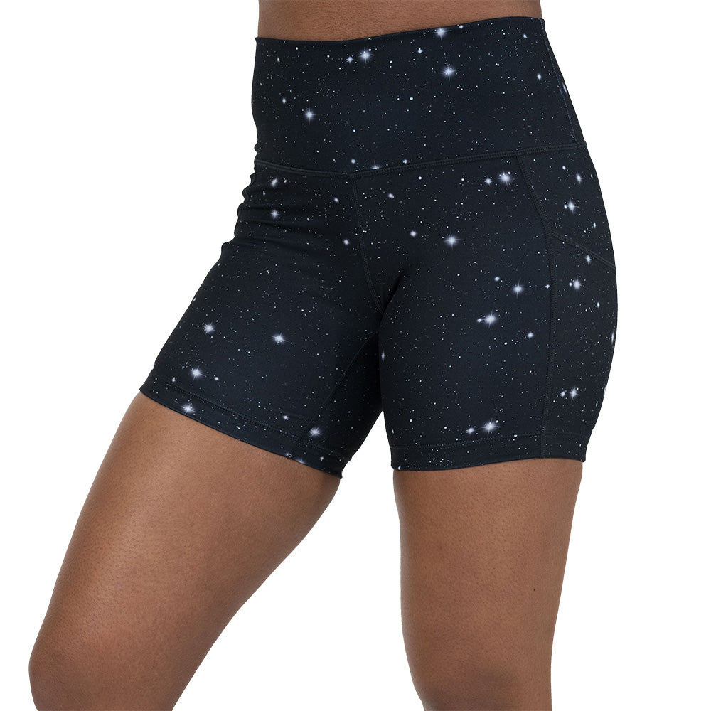black shorts with a white star pattern on it