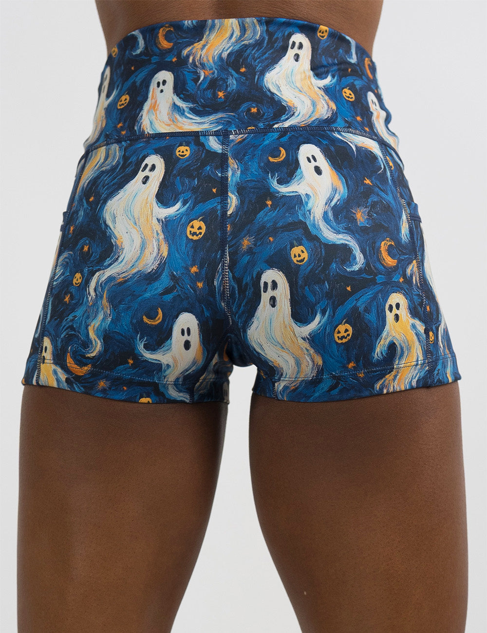 back of the 2.5 inch starry night ghosts against a blue background pattern shorts against a white background