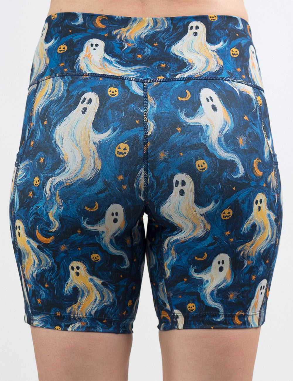 back of the 7 inch starry night ghosts against a blue background pattern shorts against a white background