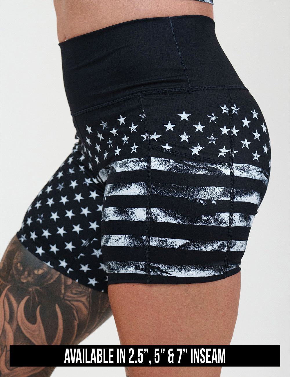 available inseam lengths for the black shorts with white stars and stripes, lengths include 2.5, 5, and 7 inches