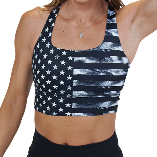 black sports bra with white American flag design on it