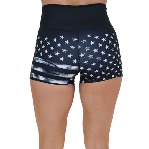back of the 2.5 inch black shorts with white American flag design on it