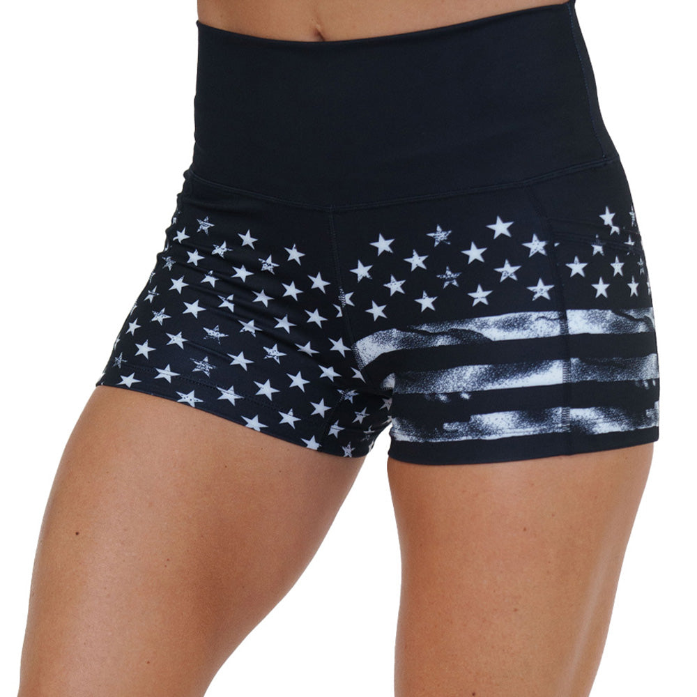 black shorts with white American flag design on it