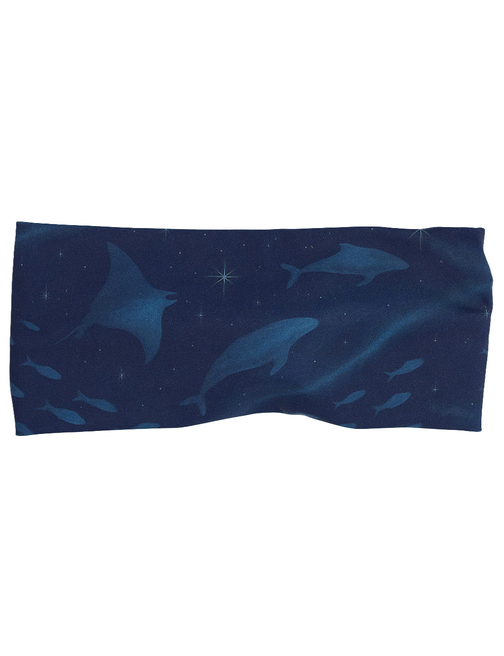 front of the dark blue ocean filled with sting rays, whales, and fish headband against a white background
