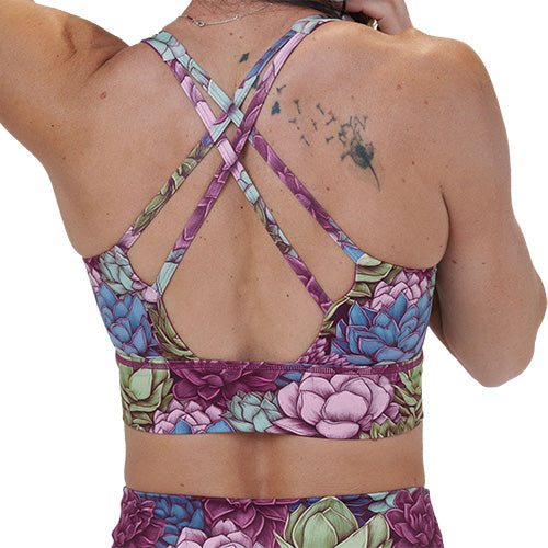 back of the colorful succulents sports bra