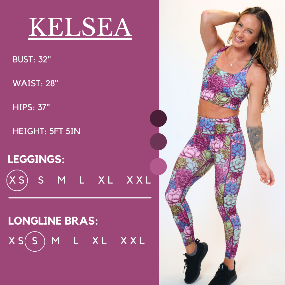 Model’s measurements of 32” bust, 28” waist, 37” hips and height of 5 ft 5 inches. She is wearing a size extra small in our leggings and a size small in our longline bras
