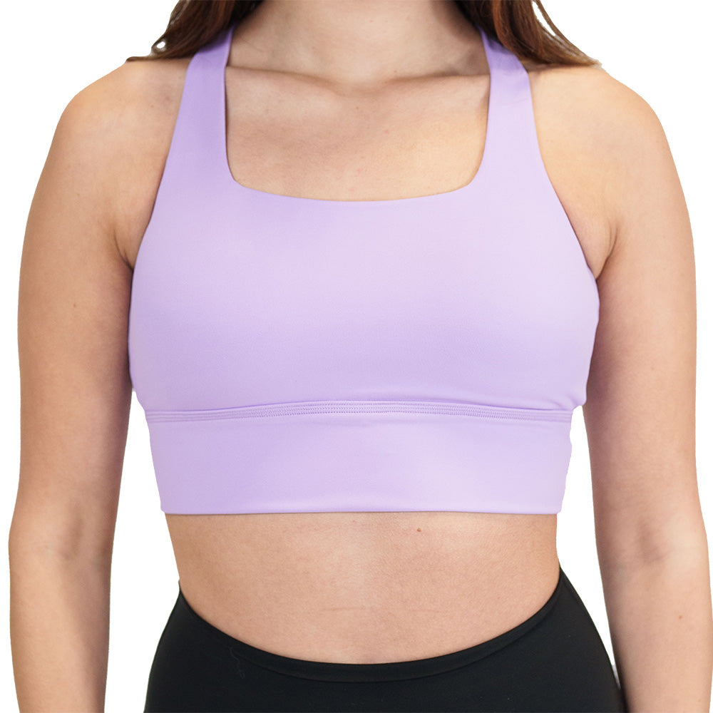 model wearing a lilac sports bra