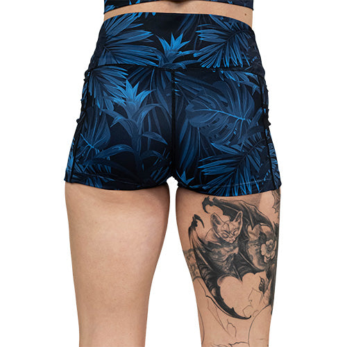 blue palm leaf shorts back