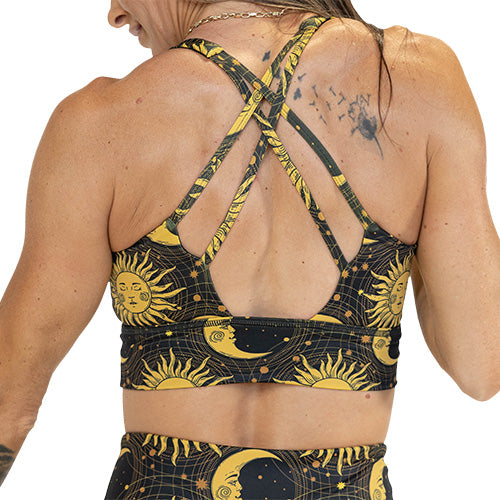 back of sun & moon design sports bra