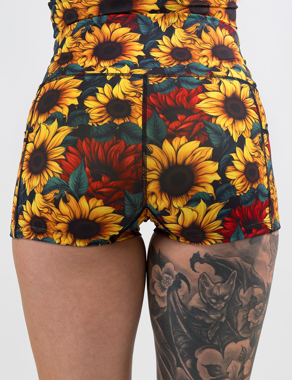 back of the 2.5 inch sunflower with red flowers shorts against a white background