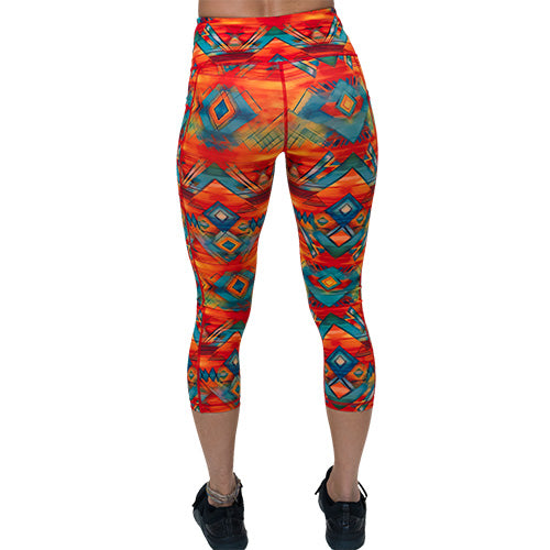 back of capri length colorful aztec pattern leggings