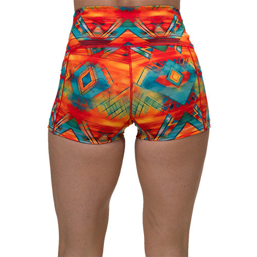 back of 2.5 inch colorful aztec pattern shorts