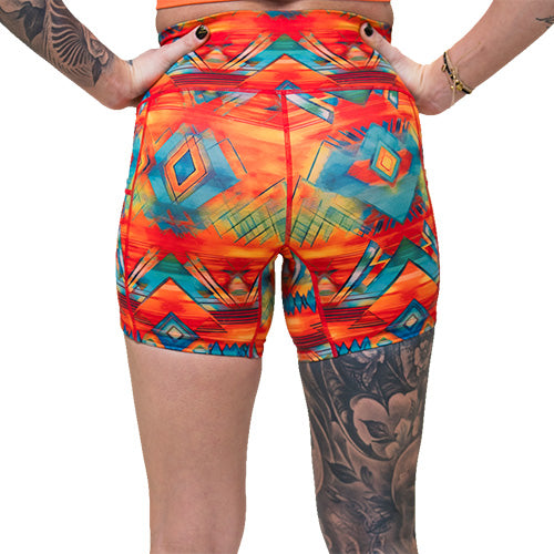 back of 5 inch colorful aztec pattern shorts
