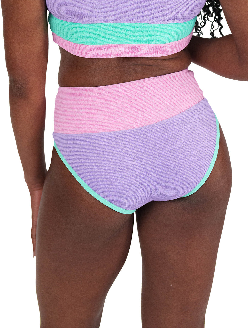 back of the pink, purple and teal bathing suit bottoms