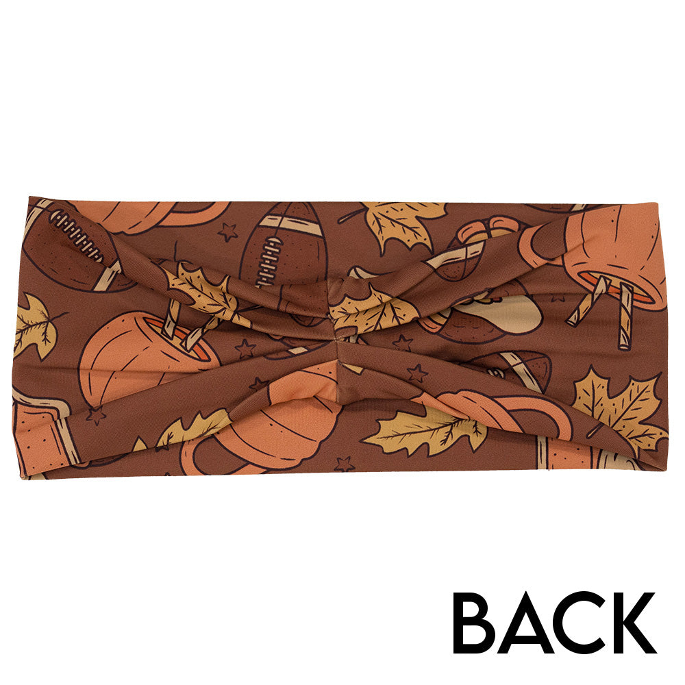 back of the headband with pumpkins, leaves, and football