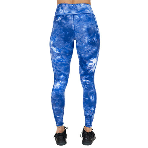 back view of full length blue dye hard leggings