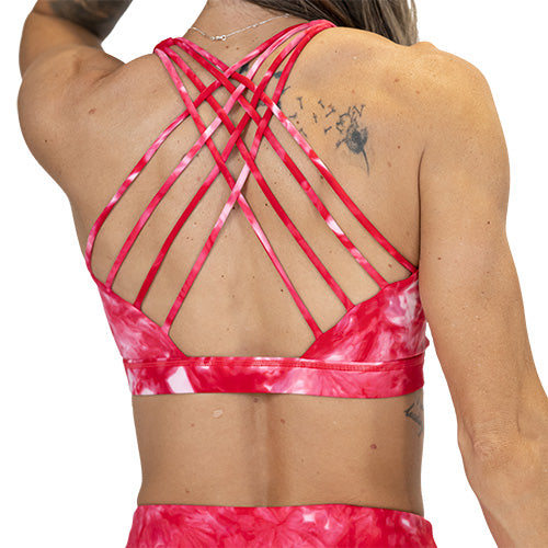 back of red tie dye bra