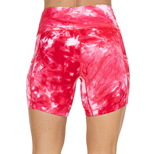 back of 5 inch red tie dye shorts
