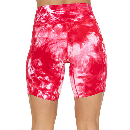 back of 7 inch red tie dye shorts