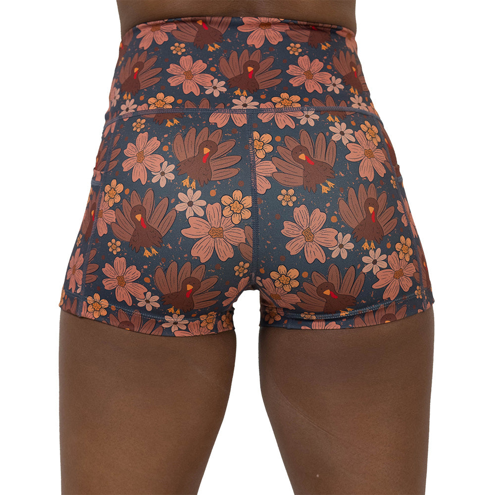 back of the shorts with turkey and floral pattern