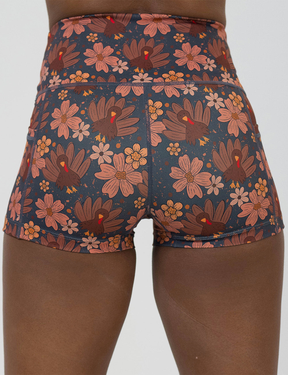 back of the turkeys over a blue background 2.5 inch shorts against a white background