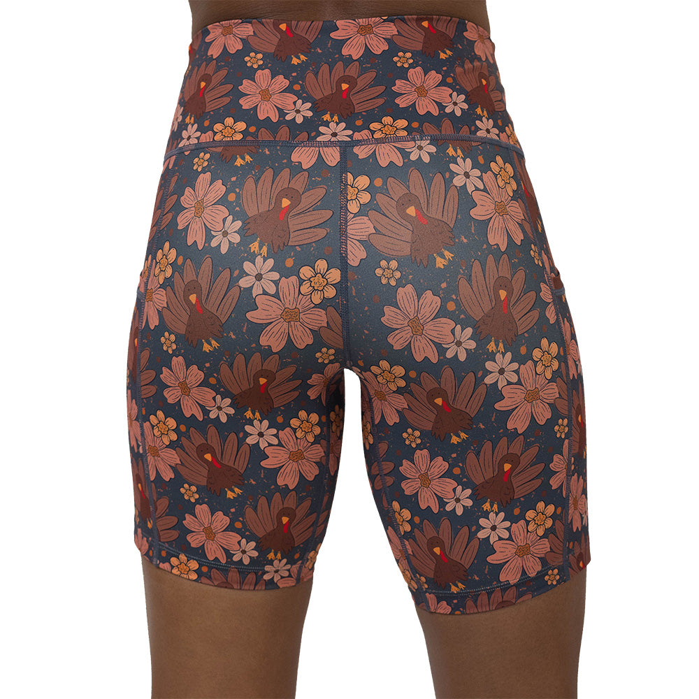 back of the shorts with turkey and floral pattern