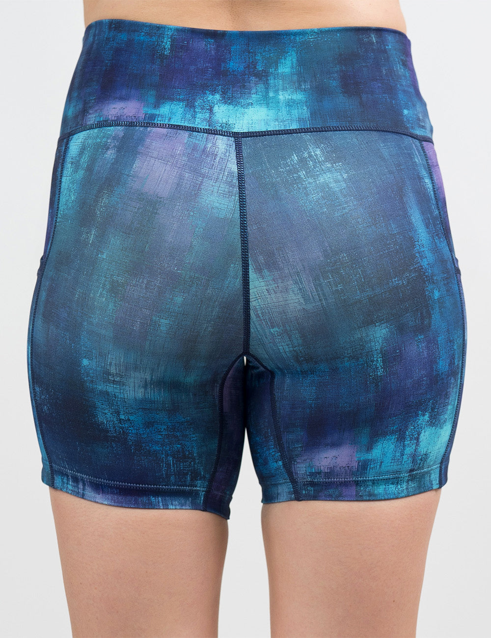 back of the 5 inch blue, teal, and purple grunge concrete pattern shorts against a white background