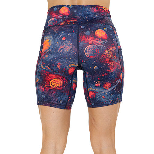back of 7 inch planet themed shorts