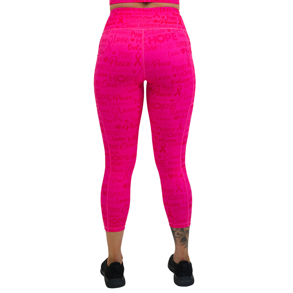 back of the Pink leggings with motivational text and breast cancer awareness ribbons