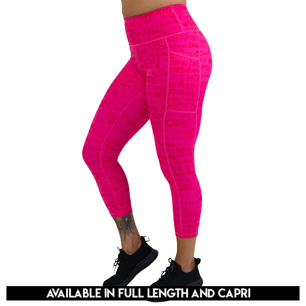 Pink leggings with motivational text and breast cancer awareness ribbons available in full and capri length