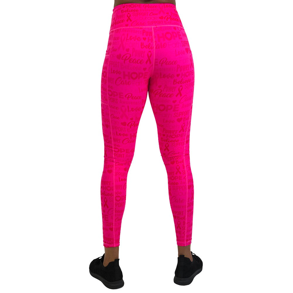 back of the Pink leggings with motivational text and breast cancer awareness ribbons