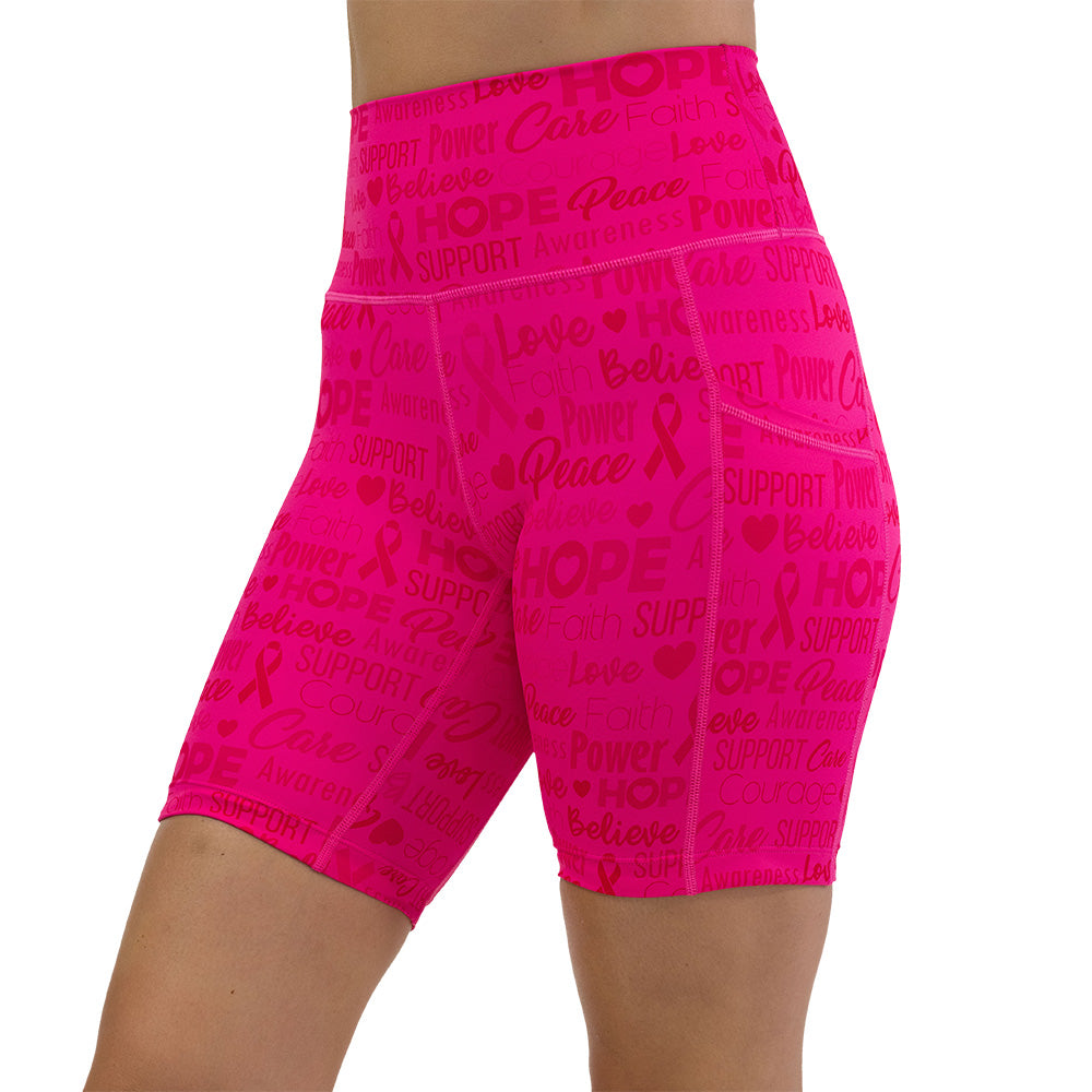 Pink shorts with motivational text and breast cancer awareness ribbons