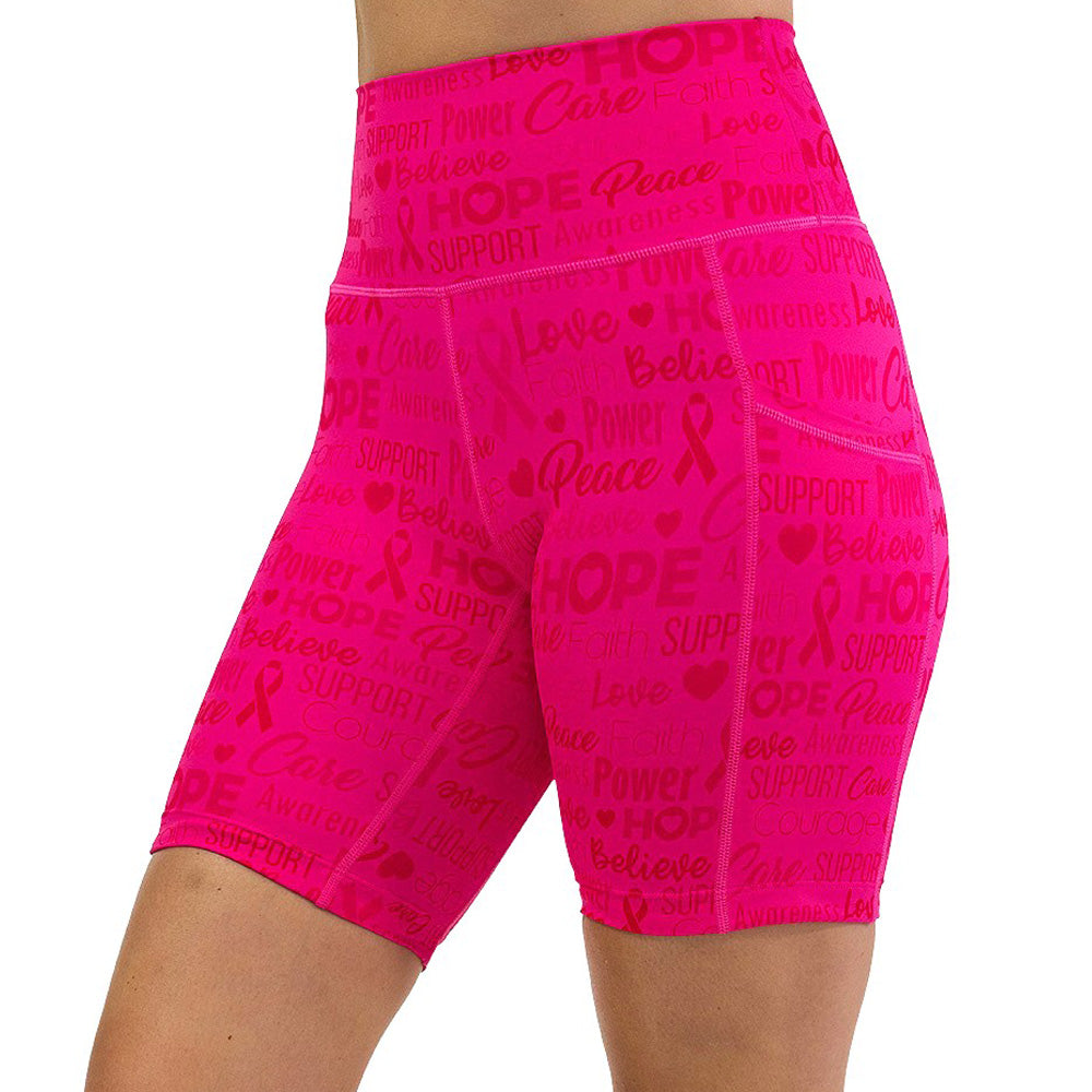 Pink shorts with motivational text and breast cancer awareness ribbons