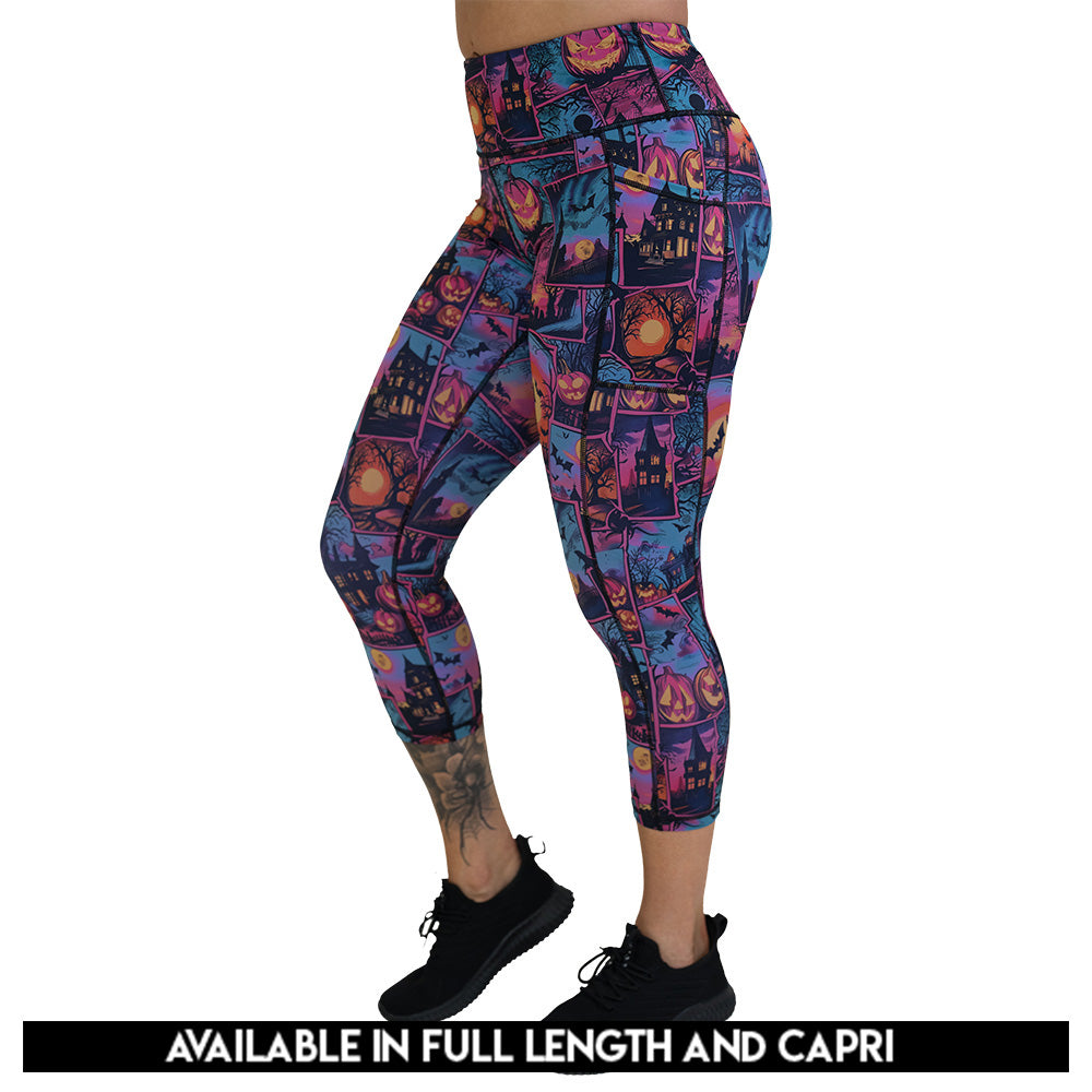colorful Halloween-themed leggings with pumpkins, ghosts, and bats available in full and capri length
