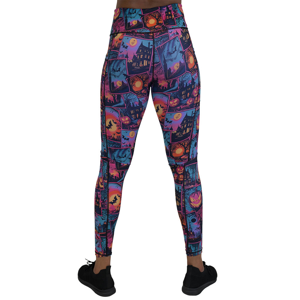 back of the colorful Halloween-themed leggings with pumpkins, ghosts, and bats