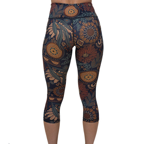 back of capri length boho floral patterned leggings