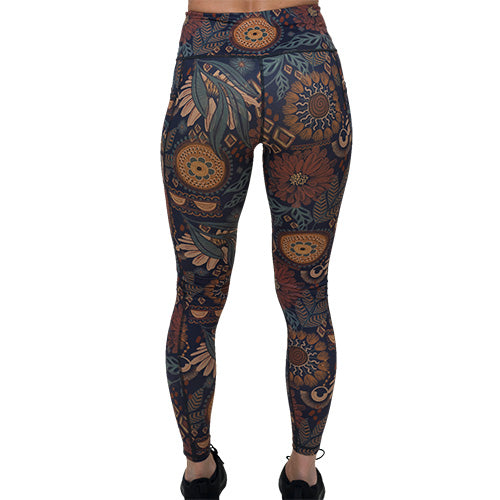 back of full length boho floral patterned leggings