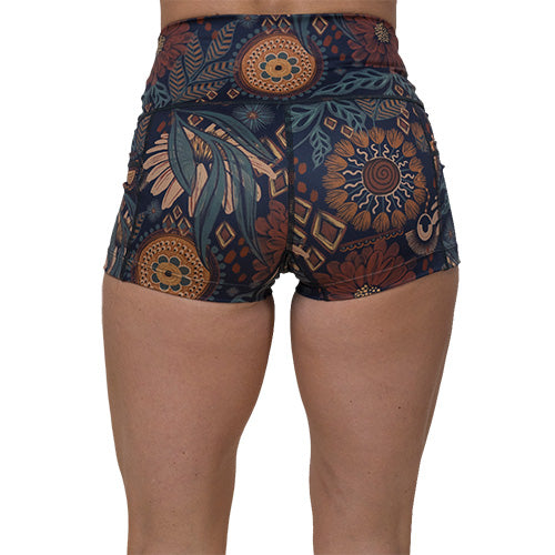 back of 2.5 inch boho floral patterned shorts