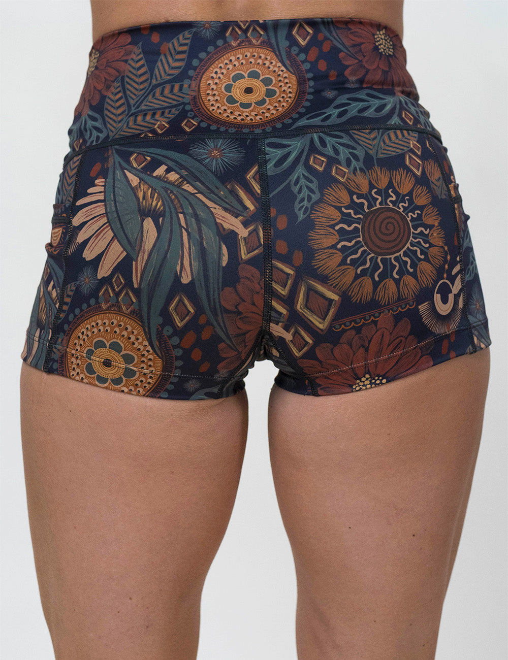 back of the 2.5 inch paisley flowers shorts against a white background